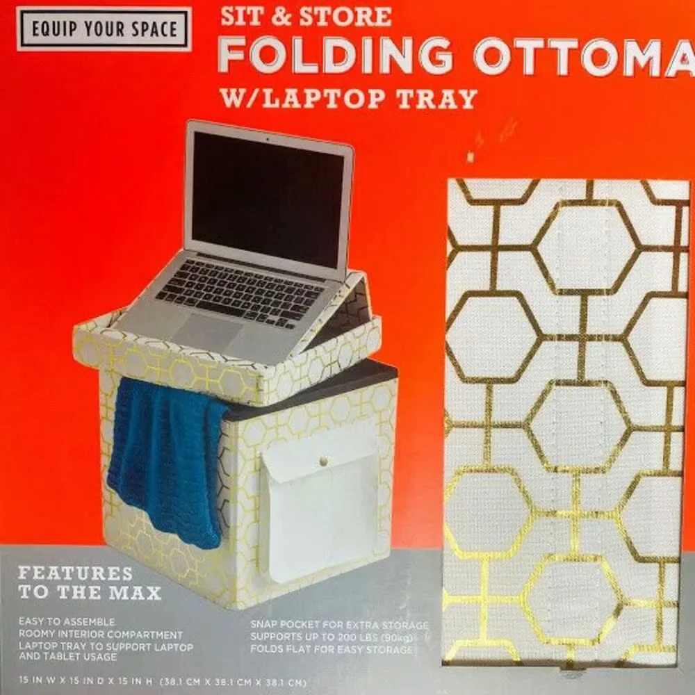 Ottoman SIT AND STORE Folding w/ Laptop Tray 15x15x15 Snap Pocket Extra Storage